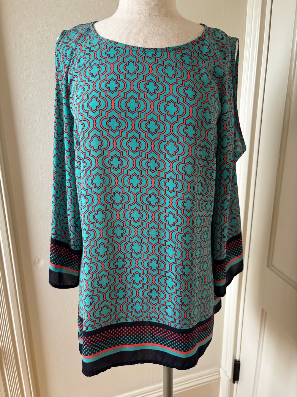 Adrianna Papell Teal and Navy Geometric Print Tunic